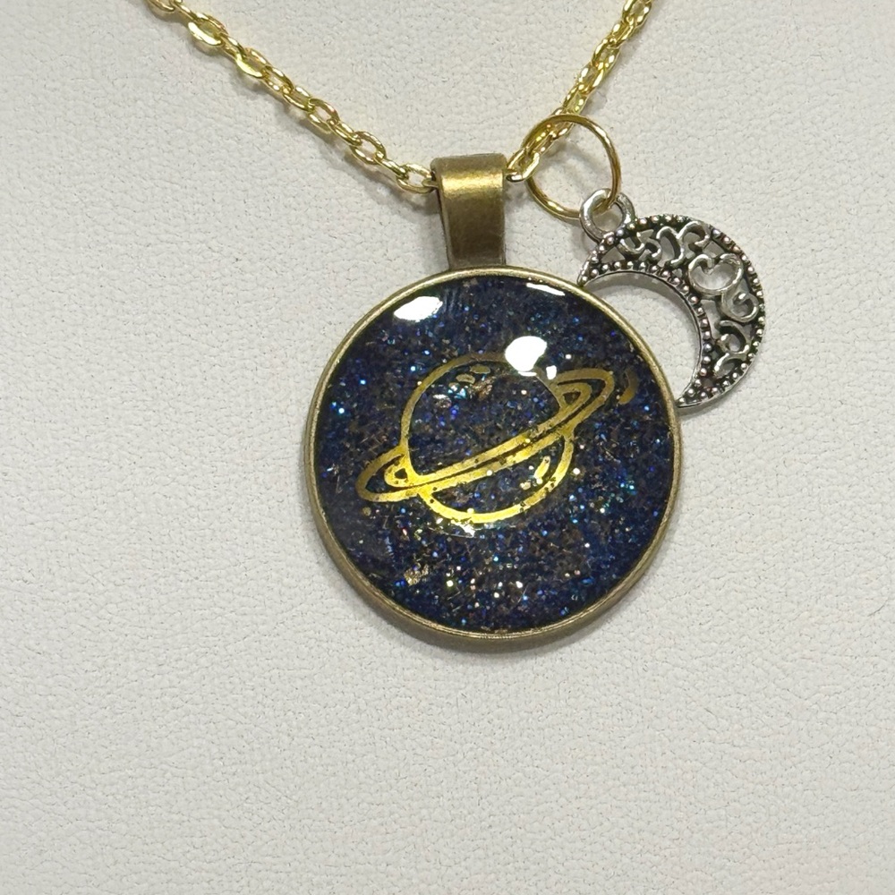 Gold and Blue Planet Pendant Necklace